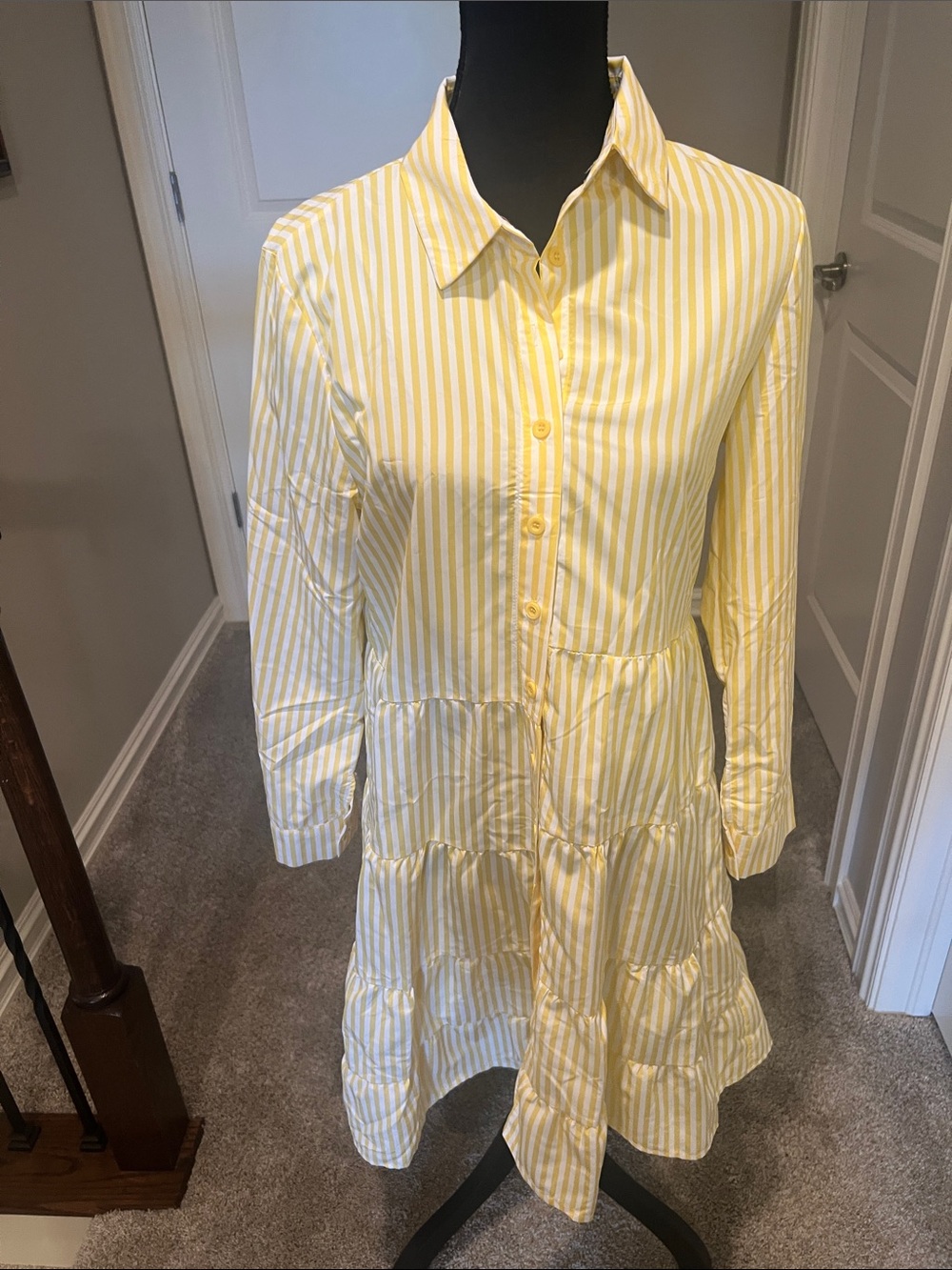 Tiered Yellow Stripe Midi Shirt Dress Size Medium